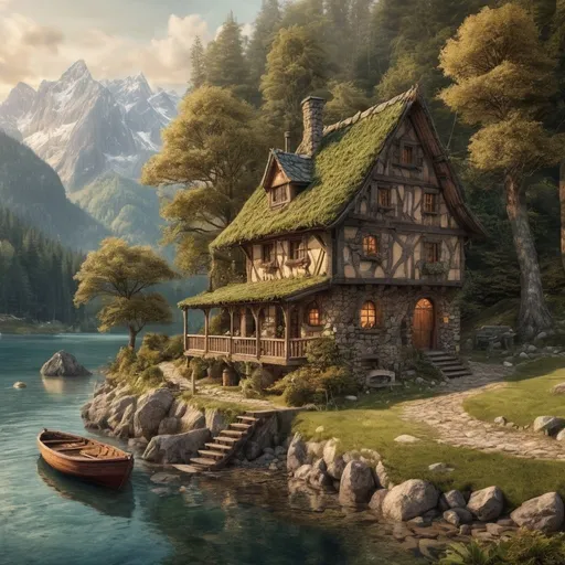 Prompt: realistic Large Anton Pieck-style wood and stone cabin on a peninsula with a large main treehousetower, moss roof, medieval fantasy, mountainb lake, mountainous region, small old wooden sailboat, forest and beach, stream, cozy, waterfall, vintage painting, detailed textures, serene atmosphere, wimsicle architecture,  warm tones, soft lighting, 4k, highres, nostalgic, detailed scenery, tranquil setting, vintage charm, summer sunset