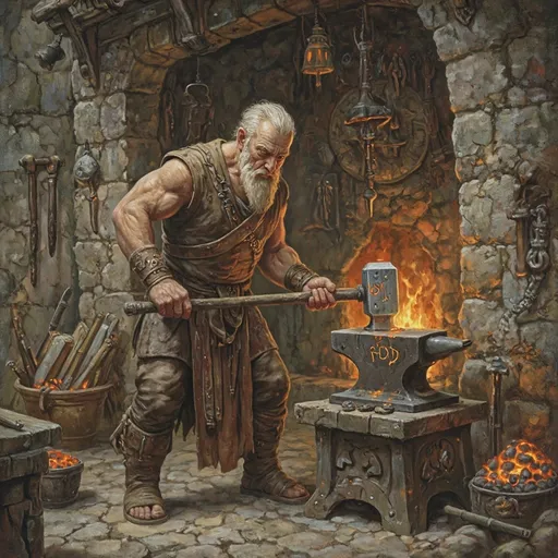 Prompt: anton pieck style painting, muscley old smith smithing a piece of steel  in the open air, magical glowing steal hammer, hammering on an anvil with glowing nordic runes, medieval fantasy setting, white hot furnace fire illuminating the scene, rugged stone walls adorned with tools and glowing coals, detailed facial features showcasing age and wisdom, intricate metalworking in progress, dynamic action pose, enchanting and immersive ambiance