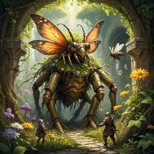 Prompt: (tiny DnD adventurers in a supersized macro world), (majestic flowers and roots), (medieval fantasy setting), (colossal insects), vibrant colors, cheerful sunlight, ultra-detailed, oil painting style, good lighting, lush greenery, expansive vista, fantastical elements