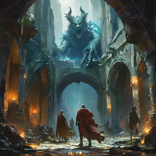 Prompt: (dungeon scene in Justin Gerard style), (fantasy artwork), dynamic composition, mythical monsters, brave adventurers, detailed character designs, vibrant colors, ambient magical lighting, intricate textures, immersive atmosphere, rich storytelling elements, high-resolution, captivating fantasy world, dramatic shadows, depth in details, enchanting background.