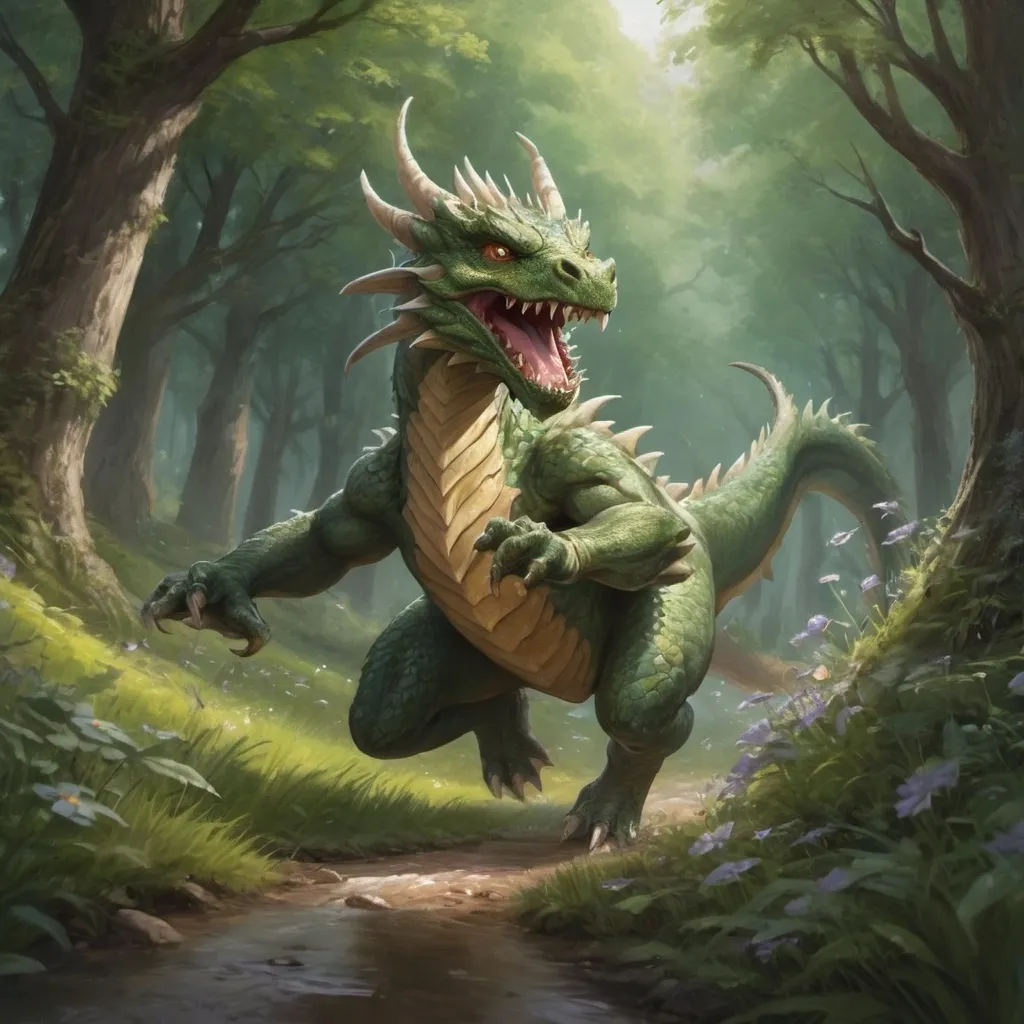 Prompt: dragon character DnD style, pretty face, running in a meadow in a forest, scales, magnificent winges, martial arts, little stream, cute, sweet, fierce, fantasy art, magic the gathering artwork, concept art, clawed feet