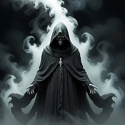 Prompt: shrouded ghost shape, hooded ghost  appearing from fog, wrapped in fog, black smoke, floating, mysterious silhouette, eerie atmosphere, high quality, flowing billowing outfit, detailed, digital art, dark fantasy, cool tones, atmospheric lighting, haunting presence, detailed cloak, menacing gaze, best quality, highres, ultra-detailed, digital art, dark fantasy, cool tones, mysterious, atmospheric lighting