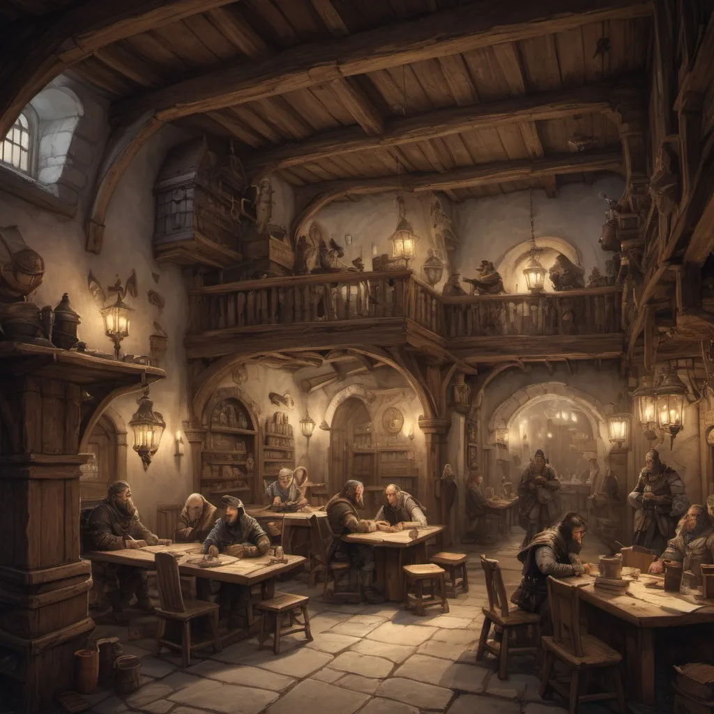 Prompt: Medieval fantasy adventurers guild, Anton Pieck style, (rustic wooden interior), large open rustic bank like rooms, (high security deposit counters with gates and tellers), DND characters, chairs and tables with food, monster parts laying around, ambient warm lighting, maps and hunting trofees on the wall, detailed shadows, banners hanging from the ceiling, intricate woodwork, scattered adventurers' gear, cozy yet bustling vibe, various weapons displayed, (ultra-detailed), (4K).