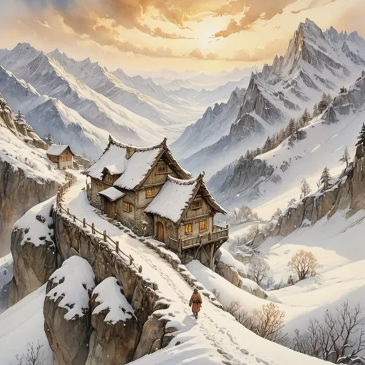 Prompt: aerial view, (anton pieck style watercolor painting), lone hut, endless path in the snow, over the ridges of high mountains, back country, (glorious wide view), golden sunbaked clouds, sunny winter day, lone traveler, medieval fantasy, serene atmosphere, intricate details of snow, vibrant yet warm color tones, captivating lighting, immersive depth, tranquil and enchanting scene, (4K ultra-detailed) quality.