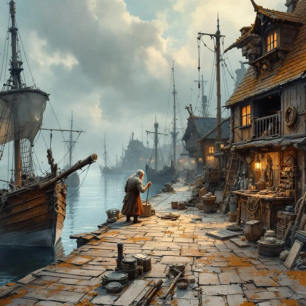 Prompt: (old man ship builder), (antique wooden wharf at the waters edge), (cranes and ropes) in intricate detail, medieval fantasy setting, watercolor painting anton pieck style, soft and muted colors, warm ambient lighting, filled with dust motes, nostalgic atmosphere, charming clutter, whimsical and dreamy quality, ultra-detailed, inviting vibe that captures the essence of craftsmanship and imagination.