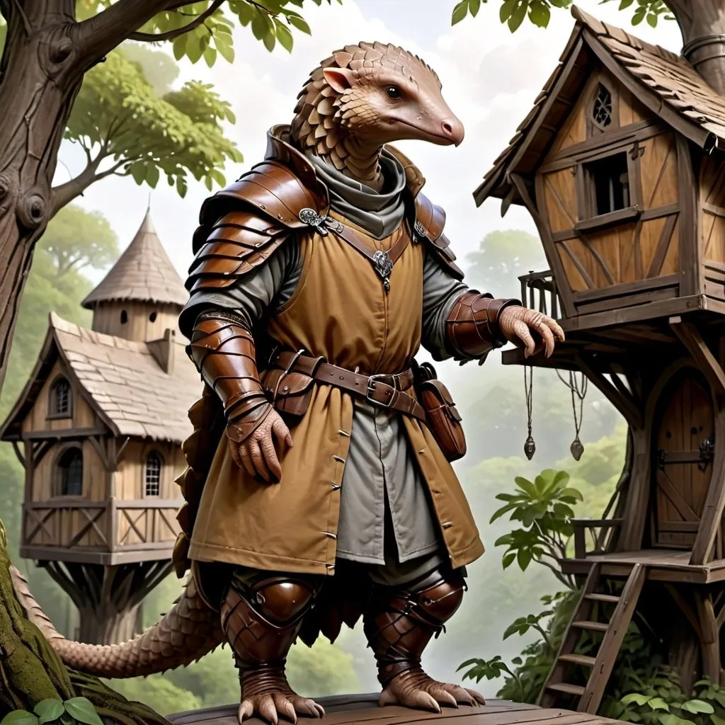 Prompt: realistic digital art, full body medieval fantasy laborer pangolin, DnD style character, in a tree house, high detail, full body,
