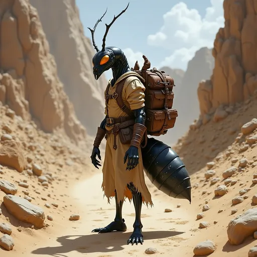 Prompt: Ant symbiosis (DND character adventurer sand nomad), with striking ant-like features, bug eyes, mandibles, (detailed black carapace), standing confidently on a winding road surrounded in the rocky dessert, (ridiculous large oversized backpack) slung over shoulder, medieval fantasy atmosphere, sand and waste features saturating the landscape, (dynamic angle), ultra-detailed, imaginative narrative-driven scene.