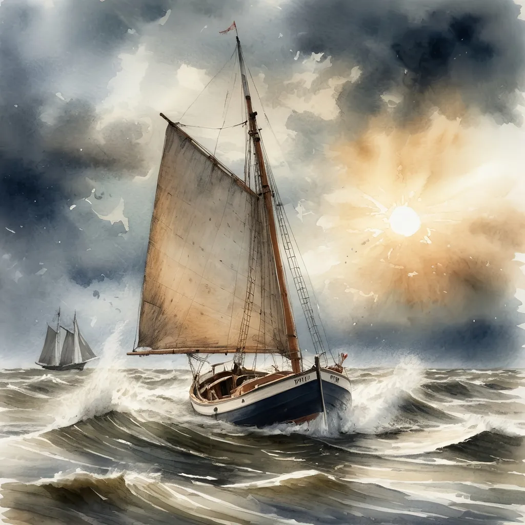 Prompt: old time wooden boat, dutch style  boat, single mast, sailing in hard winds, rudder,  pencil strokes, rough weather, full sails, dynamic, impressionistic, intense brushstrokes, dramatic lighting, high waves, strong winds, traditional watercolor , stormy waters, dutch landscape, realistic, moody atmosphere, sun rays,