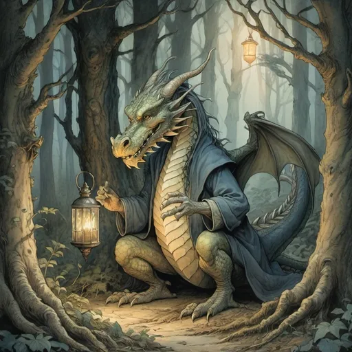 Prompt: Anton Pieck style illustration of a dragon in the woods, with an old  wizard, romantic lighting