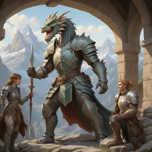 Prompt: fresco of a full body scene of a Dragonborn and a DnD Elf paladin character, medieval fantasy, group of adventurers in the background, mountain peak setting, sketch art, intricate Victorian armor, detailed scales, high quality, medieval fantasy, intricate armor, mythical creatures, dramatic lighting, intense atmosphere, detailed facial features, fantasy illustration