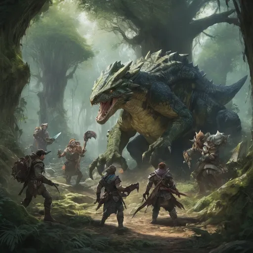 Prompt: (watercolor painting), (DnD monster hunter party), richly detailed characters in dynamic poses, intricately designed weaponry, lush mossy woodlands, ancient ruins shrouded in mystery, (monsters lurking in the shadows), vivid greens and earthy tones, magical lighting casting enchanting shadows, a whimsical yet tense atmosphere, (Justin Gerard style), ultra-detailed, immersive storytelling composition.