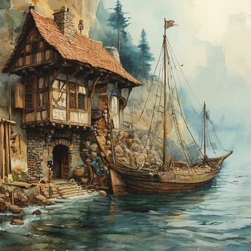 Prompt: (old man ship builder), (antique wooden wharf at the waters edge), (cranes and ropes) in intricate detail, medieval fantasy setting, watercolor painting anton pieck style, soft and muted colors, warm ambient lighting, filled with dust motes, nostalgic atmosphere, charming clutter, whimsical and dreamy quality, ultra-detailed, inviting vibe that captures the essence of craftsmanship and imagination.