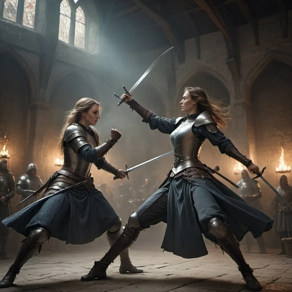 Prompt: Realistic medieval fantasy illustration of two stunning women engaged in a swordfight, highres, detailed victorian armor,  dynamic posing, medieval, realistic, detailed, intense battle, medieval fantasy, high-quality, combat scene, action-packed, fierce, professional, atmospheric lighting