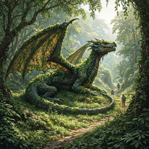 Prompt: sleeping  winged dragon overgrown with moss, resembling an ancient statue, tucked within a lush tropical forest, explorers venturing nearby, whimsical atmosphere, enchanting light filtering through leafy canopies, vivid greens and earth tones, adventurous mood, intricate details of scale and texture, inviting adventure seekers, HD, ultra-detailed, along a mystical pathway.