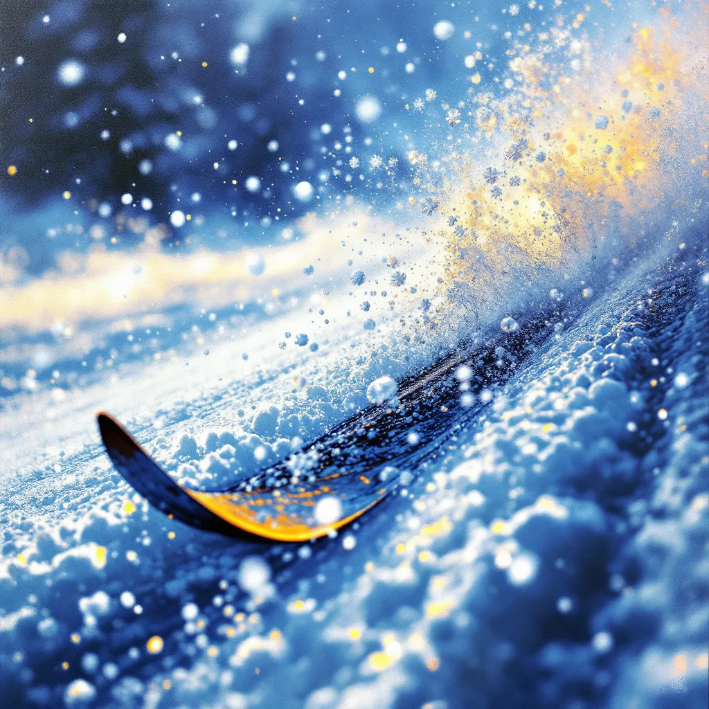 Prompt: spray paint art 8 bit colors of an epic scene with close up of skis ploughing through snow and. elements of a biomechanical study.  snowflakes, icy textures glistening, high depth, exhilarating ambiance, cool tones, capturing the essence of movement.