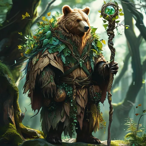 Prompt: Bear druid DnD character, (fantasy), intricately detailed fur robe blending with the woodland scenery, holding a gnarled wooden staff adorned with leaves and crystals,  vibrant green foliage in the background, enchanting lighting casting soft shadows, magical ambience, highly detailed, ultra-detailed, 4K.