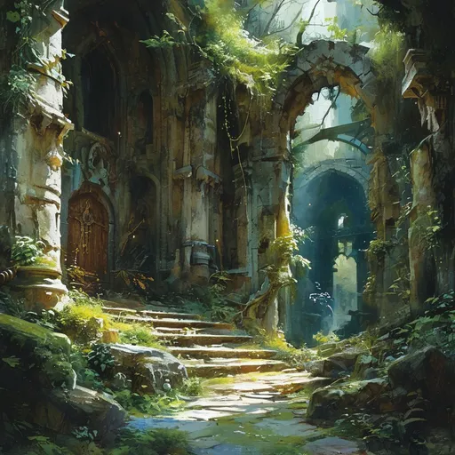 Prompt: (watercolor painting), (DnD monster hunter party), richly detailed characters in dynamic poses, intricately designed weaponry, lush mossy woodlands, ancient ruins shrouded in mystery, (monsters lurking in the shadows), vivid greens and earthy tones, magical lighting casting enchanting shadows, a whimsical yet tense atmosphere, (Justin Gerard style), ultra-detailed, immersive storytelling composition.