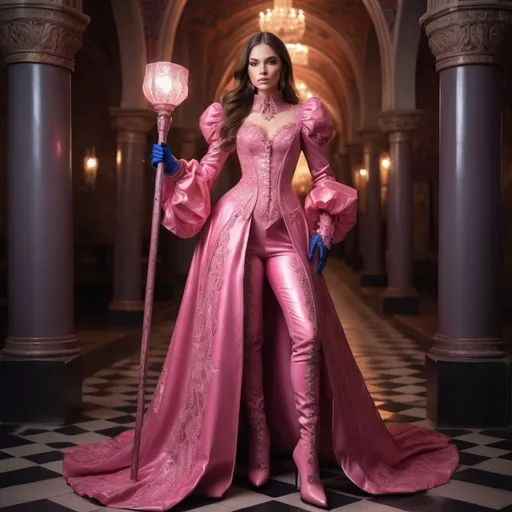 Prompt: gorgeous woamn in an intricate pink PU royal gown, medieval fantsay, holding a mages staff, vibrant and glamorous,  high-quality, intricate lace boots, lace gloves, glossy texture, detailed makeup, standing, straight hair, striking pose, vibrant pink tones, professional lighting, ultra-detailed, dignified stance, fashion, glamorous, sleek design, vibrant colors, detailed makeup, glossy texture, professional lighting