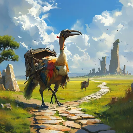 Prompt: (giant flightless bird of burden), pulling a cart, harness,  medieval fantasy setting, dramatic atmosphere, Great plains, vibrant colors, lush green landscape, ancient stone pathway, fantastical creatures in the background, intricate details on the cart, sunny weather with shadows, high-quality 4K, ethereal mood, whimsical style, fantasy art masterpiece.