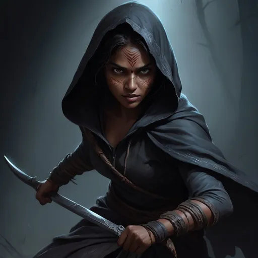 Prompt: High-quality dark fantasy digital painting of a adivasi female assassin, detailed facial features, dynamic action, intent to kill, dark atmosphere, intense and focused gaze, dynamic full body action pose, fine cotton cloathing, cloak, full body, mysterious and shadowy lighting, cinematic, intense, dark tones, assassin, digital painting, detailed eyes, professional, intense smile
