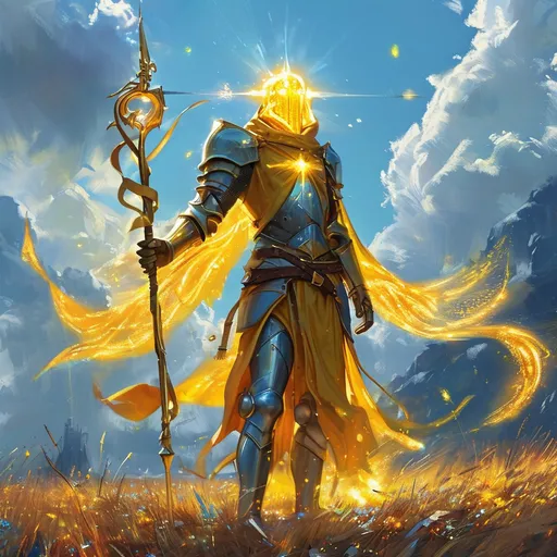 Prompt: healer DnD character, (healing shimerign glow) enveloping heavenly figure, (golden illuminating Staff) poised for action, in the field of battle, (medieval fantasy) atmosphere, mysterious aura surrounding the character, high detail textures, intrigue, sun rays, (4K resolution) for a captivating and immersive scene.