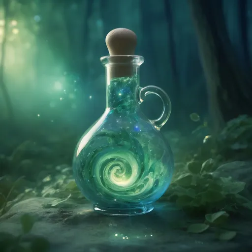 Prompt: (healing potion), (magical fog swirls), vibrant colors, luminous glow, enchanting atmosphere, mystical elements, ethereal background, deep shades of green and blue, delicate sparkles, aura of tranquility, charm of nature, ultra-detailed, high quality, dreamlike essence, whimsical ambiance.