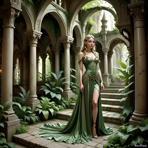 Prompt: photo realistic, extremly beautiful Highly detailed digital full  body art of a elf princess in flowing satin silk royal dress,high heel boots, jungle temple ruines, Anton Pieck style, medieval fantasy, intricate patterns, ornate cloth, royal attire, detailed realistic clothing folds, romantic lighting, detailed realistic face, professional, ultra-detailed, fantasy, medieval, satin gown, palace garden, Anton Pieck style, ornate architecture, lush greenery, romantic lighting, royal attire, intricate patterns, flowing fabric, professional lighting