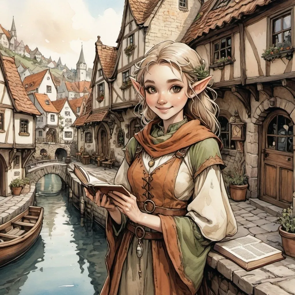 Prompt: highly detailed, Ink painting of a vintage fantasy DND character female elf mage browsing in quaint harbor village, line art, detailed elven features, smiling, detailed faces, flowing detailed intricate mage robes, floating magic book, mage crystals, crowded marketplace, charming cobblestone streets, antique color palette, delicate line work, high quality, detailed, DND, female elf, quaint village,  ink painting, Anton Pieck style, line art, charming streets, vintage colors, detailed features, sunny atmosphere