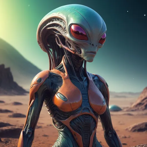 Prompt: full body, Female tech human hybrid exploring alien planet, realistic digital art, high-res, alien fauna, futuristic technology, vibrant alien landscapes, intense and inquisitive gaze, detailed 3D rendering, professional, atmospheric lighting, futuristic sci-fi, advanced robotics, otherworldly atmosphere, high-tech gadgets, alien wildlife, immersive and detailed, ultra high-res, digital painting, sci-fi, vibrant alien colors