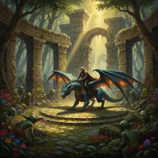 Prompt: In a mystical realm, ancient ruins emerge from the swirling mists, their once-majestic stone carvings worn and weathered by time. Shafts of golden sunlight pierce through the thick canopy of overgrown vegetation, illuminating patches of moss and vibrant wildflowers creeping through the cracks. In the heart of the courtyard, a dragon rider descends gracefully on a majestic winged dragon, scales shimmering with hues of emerald and sapphire. The rider, cloaked in flowing leather armor, exudes confidence, surveying the scene with fierce determination. Shadows dart among the rubble as curious goblins peek out, their eyes wide with a mix of fear and fascination their focus on the dragon, the play of light casting a whimsical dance on their green skin. This enchanting scene unfolds in rich oil painting, capturing both the vibrant colors and intricate textures of this fantastical moment.