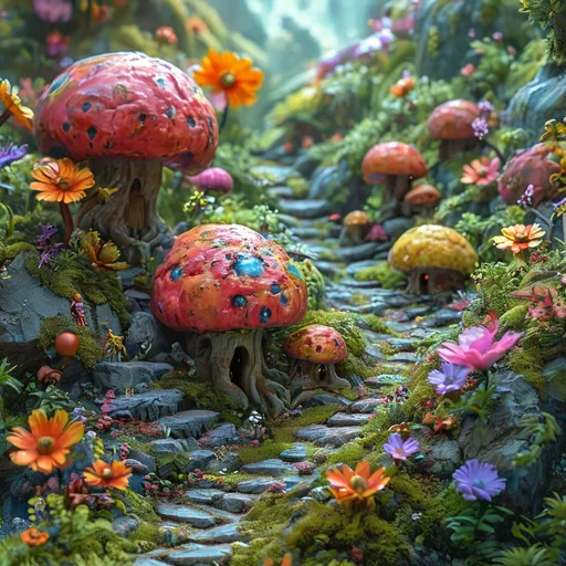 Prompt: (tiny DnD adventurers in a supersized macro world), (majestic flowers and roots), (medieval fantasy setting), (colossal insects), vibrant colors, cheerful sunlight, ultra-detailed, oil painting style, good lighting, lush greenery, expansive vista, fantastical elements