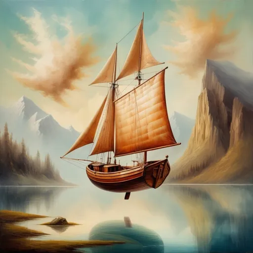 Prompt: small old wooden sailing boat floating in the air, oil painting, surreal concept, detailed wood texture, vintage color palette, soft lighting, high quality, atmospheric, dreamy, old-fashioned, air suspension,  detailed brushwork, up in the air, cload, in between the mountians