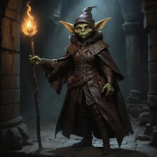 Prompt: photo realistic full body, femle goblin DnD character exploring a dungeon, glowing magical mage staff, oil painting, sharp lines, detailed face, perfect face, intricate glossy leather coat, victorian style  mage outfit, leather mages robes, detailed, high quality, dark tones, danger lurking in the shadows, elaborate explorer gear, ancient glowing runes, mysterious atmosphere, old world charm, 