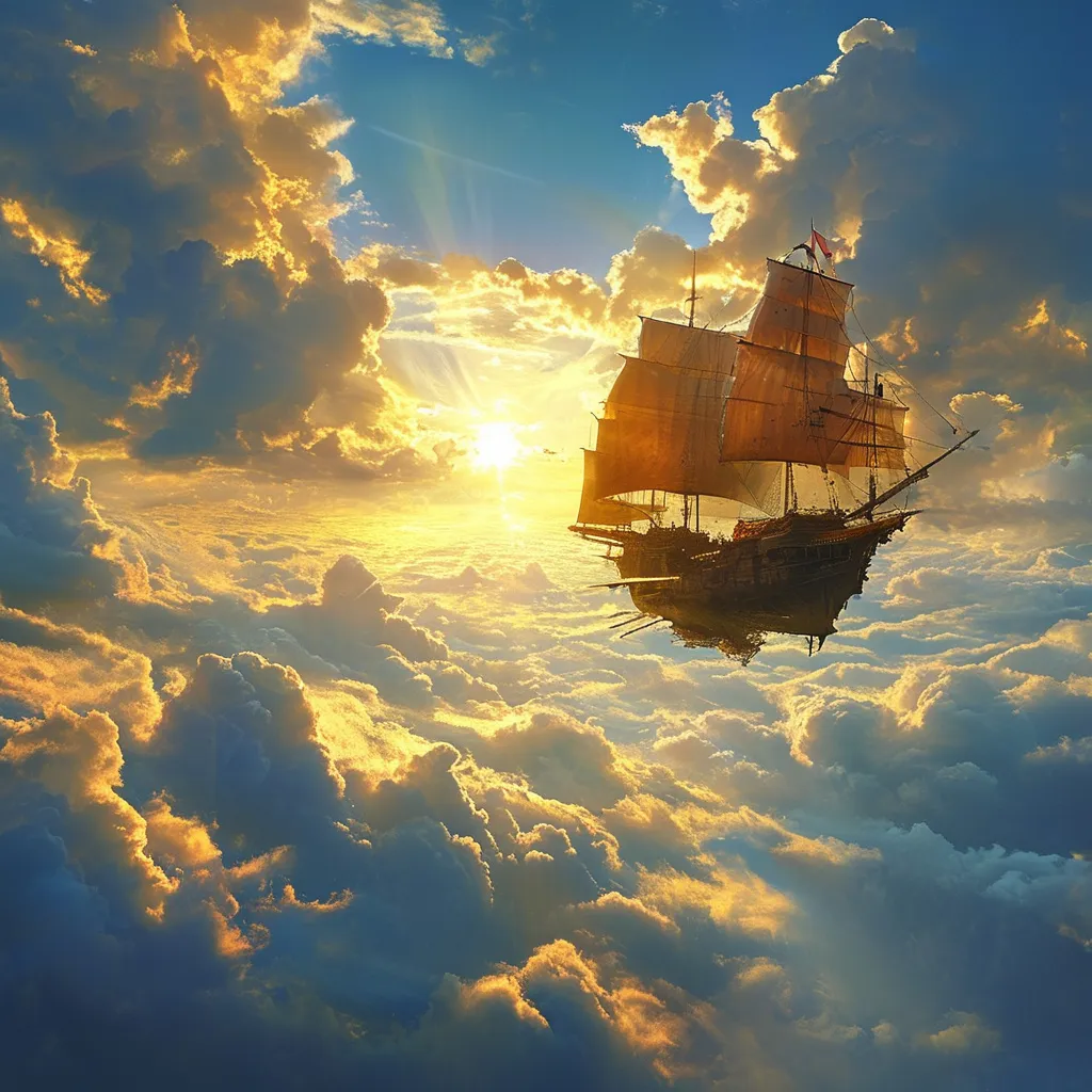 Prompt: (flying ship), above the golden clouds, majestic, fantasy, dramatic golden tones, high contrast lighting, ethereal atmosphere, sense of wonder, ultra-detailed, glowing light reflections on clouds, vast expansive sky, hint of sunlight, crisp air, ultra HD, highly detailed sails, intricate design, storm clouds, fantastical elements, vivid colors, cinematic masterpiece.