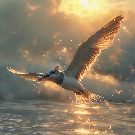 Prompt: swallow bird in flight, shearing over the water, (symbolizing free spirit), (freedom theme), (light escaping) from the wings, soft golden glow illuminating the scene, ethereal mist trail behind, serene and uplifting ambiance, warm color tones, vibrant sky at dusk, high depth with subtle details, ultra-detailed, perfect for evoking poetry and imagination.