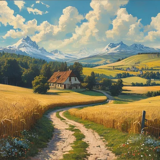 Prompt: (antique oil painting (anton pieck style)), summer day in the countryside ,fortified farmstead, rolling hills, expansive wheat fields, tranquil dirt road, (medieval fantasy) elements, golden clouds drifting across the sky, majestic snow covered mountains in the background, vibrant color palette with warm hues, serene and picturesque ambiance, soft brush strokes, detailed landscape, whimsical charm, inviting atmosphere, (highly detailed) visual composition.