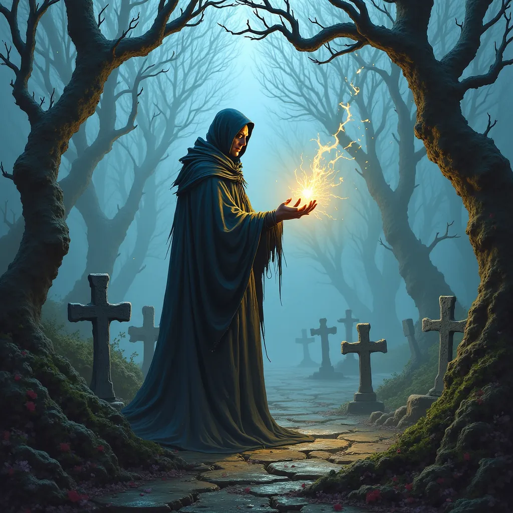 Prompt: (necromancer DnD Adventurer raising the dead), captivating (oil painting), in the style of Anton Pieck, set in a (gloomy) graveyard, detailed and haunting atmosphere, rich dark colors, twisting trees shrouded in mist, eerie grave markers, dramatic shadows, ultra-detailed, a hint of magical glow illuminating the necromancer's incantation, evoking a sense of dark enchantment.