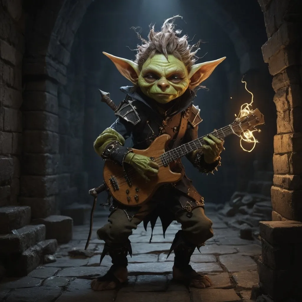 Prompt: photo realistic full body, femle goblin DnD character exploring a dungeon, spiky hair, bard, glowing lightning instrument ,glowing music notes, oil painting, sharp lines, detailed face, perfect face, , victorian style bard outfit, detailed, high quality, dark tones, danger lurking in the shadows, elaborate explorer gear, ancient glowing runes, mysterious atmosphere, old world charm, 