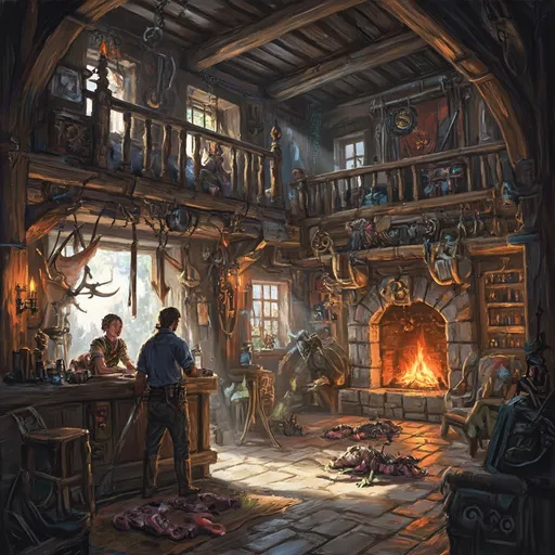 Prompt: Spacious Adventurer's guild interior, rustic wooden decor, warm and inviting lighting, a helpful employee at the counter, detailed expressions, monster parts being dragged inside, large fireplace flickering neon embers, intricate decorations, soft shadows, worn leather furnishings, enchanted weapons on walls, high-quality, ultra-detailed, immersive ambiance.