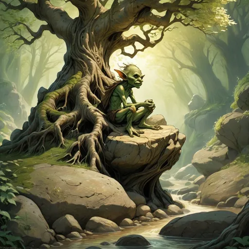 Prompt: (a goblin character sitting by an ancient magical tree growing atop a boulder in rocky terrain), anton pieck style, Green and wooden aspects, magical illuminating swirls surounding the tree, little stream flowing from the tree, sacred grove, mystical atmosphere, warm golden and emerald tones, rays of light filtering through the branches, enchanted forest background with dense foliage, high-definition, ultra-detailed,  serene and awe-inspiring, crisp image quality, nature's magic, intricate root systems wrapping around the boulder