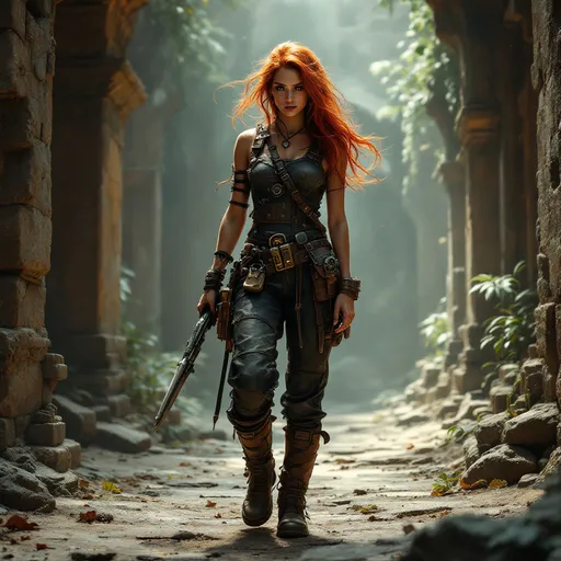 Prompt: digital art, Cute Tinkerer woman adventurer, medieval fantasy setting, wearing leather overalls, heavy boots, adorned with various tools, chaotic red hair flowing wildly, showcasing a toned physique, exploring ancient ruins filled with mystical traps, dramatic lighting creating shadows, lush overgrown vegetation in the background, atmospheric tension and excitement, ultra-detailed, 4K resolution, capturing the essence of adventure and discovery.