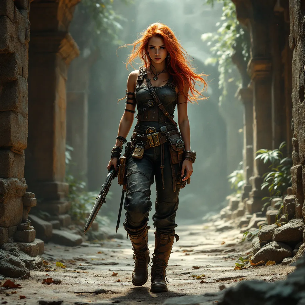 Prompt: digital art, Cute Tinkerer woman adventurer, medieval fantasy setting, wearing leather overalls, heavy boots, adorned with various tools, chaotic red hair flowing wildly, showcasing a toned physique, exploring ancient ruins filled with mystical traps, dramatic lighting creating shadows, lush overgrown vegetation in the background, atmospheric tension and excitement, ultra-detailed, 4K resolution, capturing the essence of adventure and discovery.