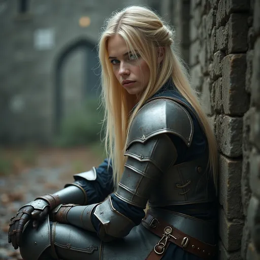 Prompt: (Beautiful side view portrait of a gorgeous soldier), sitting at the city gates, medieval Fantasy, petit figure, sad eyes, Straight stunning blond hair (flowing over shoulders), elegant worn armor , post fight sadness, soft natural lighting, harmonious colors, dreary setting, ultra-detailed, feminine grace, cinematic depth, high quality, (photorealistic).