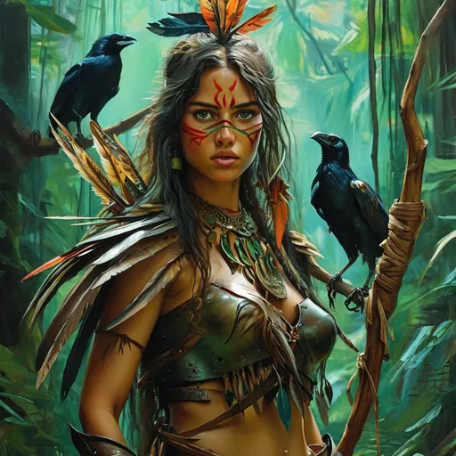 Prompt: realistic oil painting, Female Adivasi nature warrior with bird elements, (medieval fantasy), clad in leather platemail armor, casting nature spells, surrounded by a lush jungle setting, ancient jungle ruins, vibrant green tones, (mystical ambiance), detailed character features, captivating expressions, intricate armor designs, weapon details, (highly detailed), (4K), capturing the essence of a DnD character immersed in a magical experience.