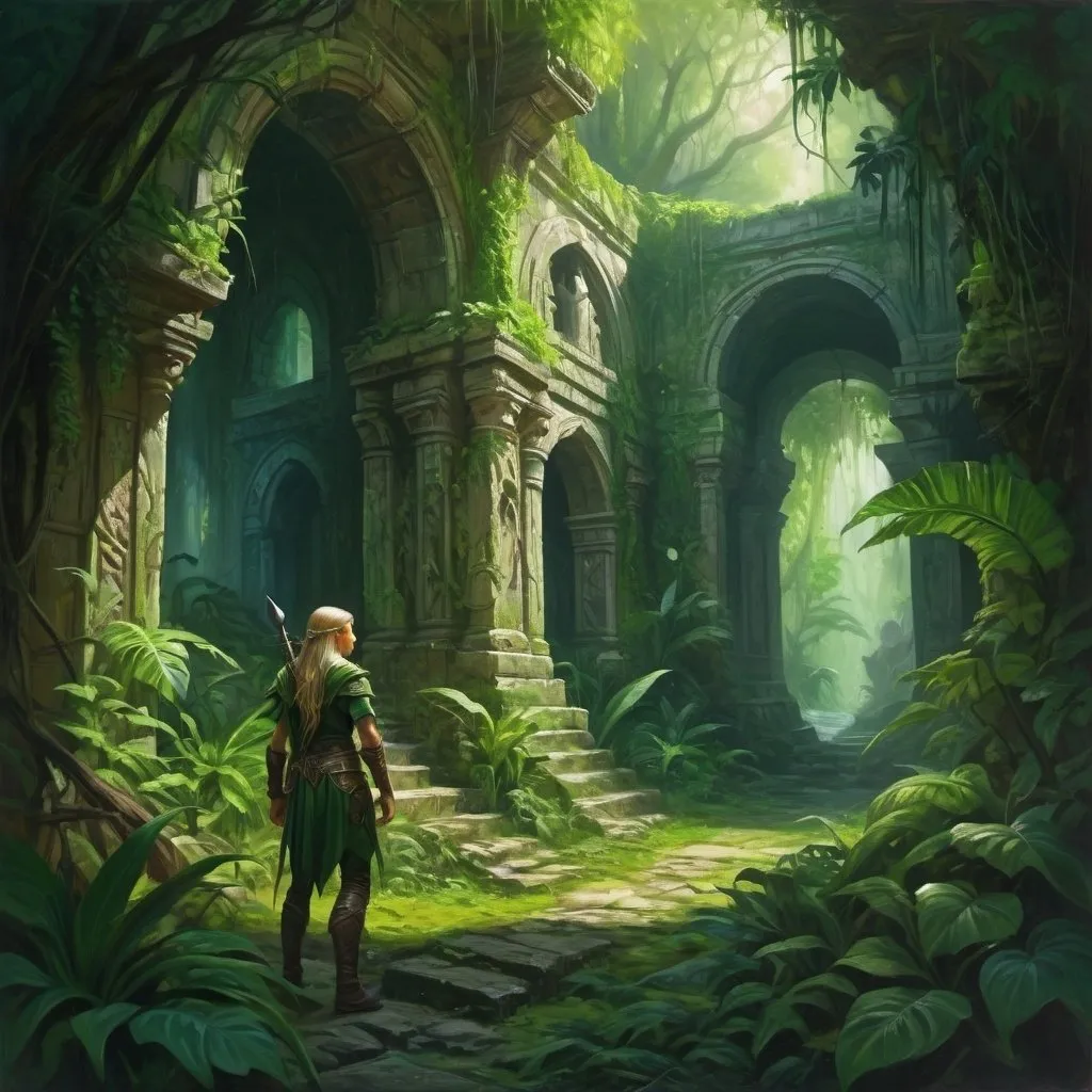 Prompt: Medieval fantasy jungle exploration, ; elven adventurer, lush greenery and ancient ruins, mystical creatures lurking in the shadows, high-quality, oil painting, fantasy, lush green tones, mysterious lighting