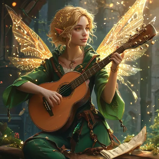 Prompt: (Realistic style) DnD pixie bard, playing a shimmering instrument, (magical musical notes) streaming through the air, (enchanting, wide spread wings) radiating a warm glow, intricate details in the wings and attire, set in a fantasy medieval environment, (high-quality digital art), casting a charming and epic scene, vibrant warm tones, imaginative and enchanting ambiance, highly detailed and captivating.