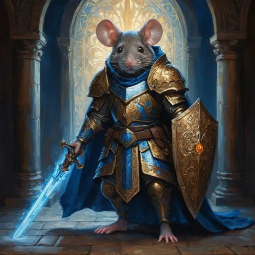 Prompt: Highly detailed full body oil painting of a mouse human hybrid paladin character, intricate and armor , glowing mage sword, shield,  intense and intelligent gaze, rich and deep color palette, dramatic lighting, professional, detailed, oil painting, rich blue colors, dramatic lighting, high quality