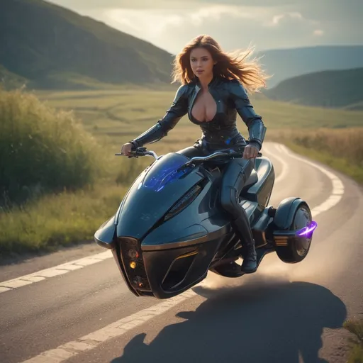 Prompt: (stunningly hot chick riding  a futuristic hoverbike), medieval fantasy style, riding on a cobble stone road, rough terrain bike, dramatic lighting, rich and vibrant color tones, pretty face, enchanting atmosphere, high detail in hoverbike design, wead fields on the side of the road, scenic landscape, ultra-detailed, 4K, cinematic quality, intense action, powerful presence, dynamic pose, mystical elements.