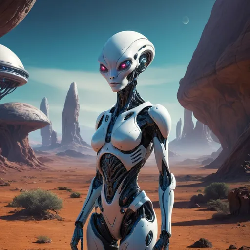 Prompt: full body, Female robot human hybrid exploring alien planet, realistic digital art, high-res, alien fauna, futuristic technology, vibrant alien landscapes, intense and inquisitive gaze, detailed 3D rendering, professional, atmospheric lighting, futuristic sci-fi, advanced robotics, otherworldly atmosphere, high-tech gadgets, alien wildlife, immersive and detailed, ultra high-res, digital painting, sci-fi, vibrant alien colors