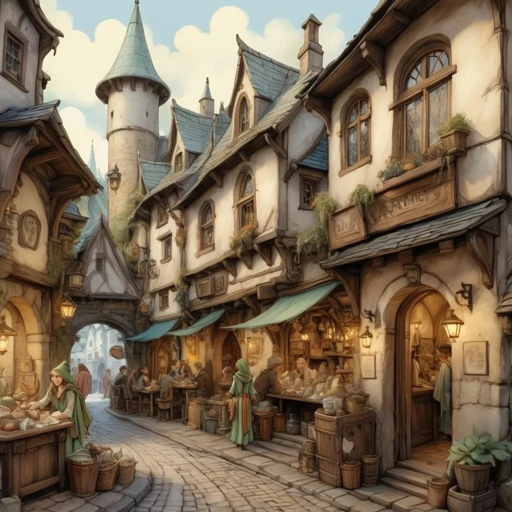 Prompt: Ink painting of a vintage fantasy DND character, female elf mage browsing in Anton Pieck style, line art, quaint harbor village, detailed elven features, flowing detailed intricate mage robes, crowded marketplace, charming cobblestone streets, antique color palette, delicate line work, atmospheric lighting, high quality, detailed, fantasy, vintage, DND, female elf, quaint village, bustling marketplace, ink painting, Anton Pieck style, line art, charming streets, vintage colors, detailed features, sunny atmosphere